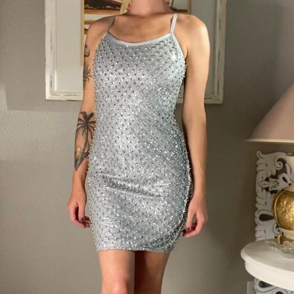 New Lascana Sparkly Glitter Embellished Beaded Sparkle Silver Bodycon Mini Dress - Picture 5 of 6